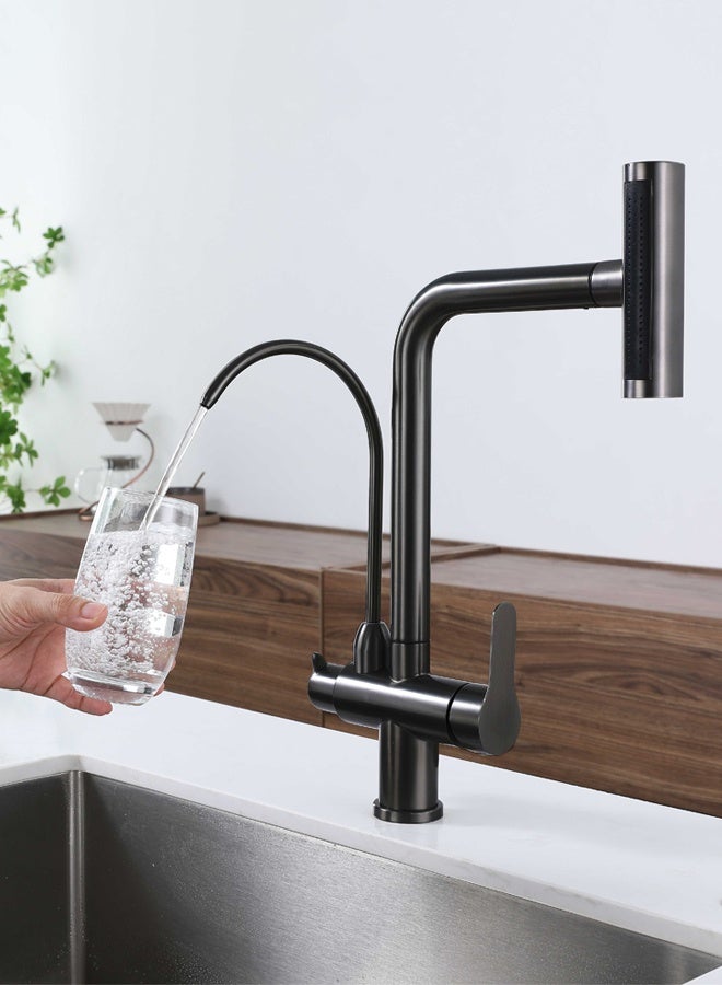 أوبتيا صنبور ساخن وبارد قابل للسحب، صنبور مياه صالح للشرب مباشرة ثلاثي الوظائف، حوض غسيل، صنبور مطبخ مع رشاش قابل للسحب، أسود - Image 3
