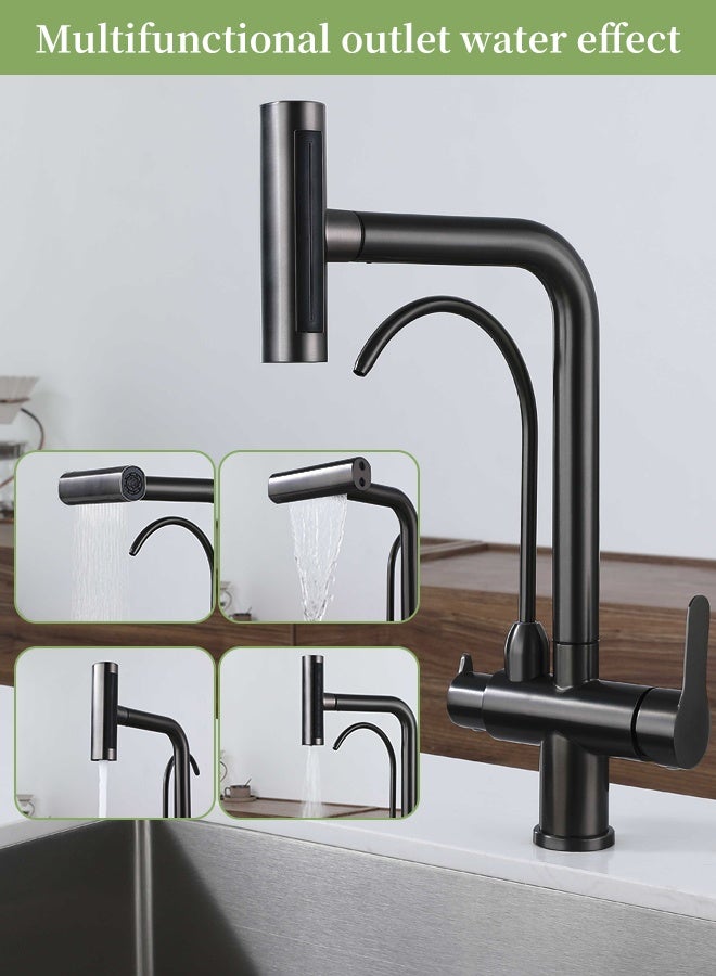 أوبتيا صنبور ساخن وبارد قابل للسحب، صنبور مياه صالح للشرب مباشرة ثلاثي الوظائف، حوض غسيل، صنبور مطبخ مع رشاش قابل للسحب، أسود - Image 2