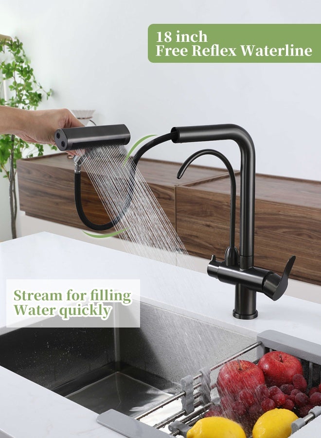 أوبتيا صنبور ساخن وبارد قابل للسحب، صنبور مياه صالح للشرب مباشرة ثلاثي الوظائف، حوض غسيل، صنبور مطبخ مع رشاش قابل للسحب، أسود - Image 1
