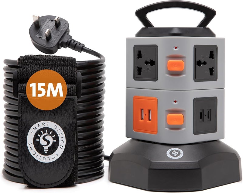 Smart Design Solutions Universal Tower Extension Cord with USB | Multi Plug Power Strip Tower | 15m Cable | Surge Protector (15m) - Image 1