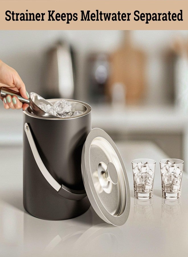 HB Design Co. دلو ثلج معزول بغطاء ومصفاة ومغرفة ومقبض - دلو ثلج مزدوج الجدار من الفولاذ المقاوم للصدأ الأسود غير اللامع سعة 3 لترات مع غطاء محكم الإغلاق ومقبض حمل مريح - دلاء ثلج كبيرة للحفلات مع غطاء - Image 4