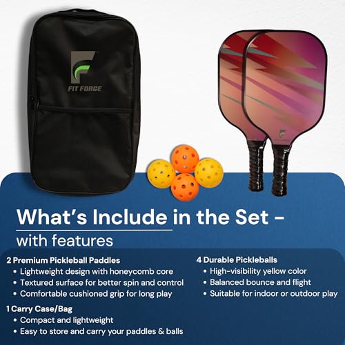 FIT FORGE Pickleball Paddle Set – 2 Fiberglass Paddles (1.5 Cm), 4 Pickleballs, Dual Paddle Cover Bag & Cushioned Comfort Grip – Durable Outdoor Game, Red | Blue - Image 2