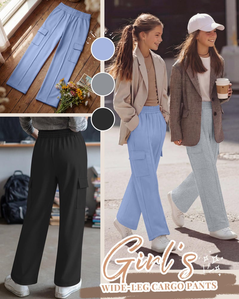 LessonZoo 3 Pack Girls Wide Leg Sweatpants Cargo Pants High Waisted Baggy Causal Loose Kids Elastic Waistband Pants Joggers(Light Blue, Light Gray, Black,5-6 Years) - Image 3