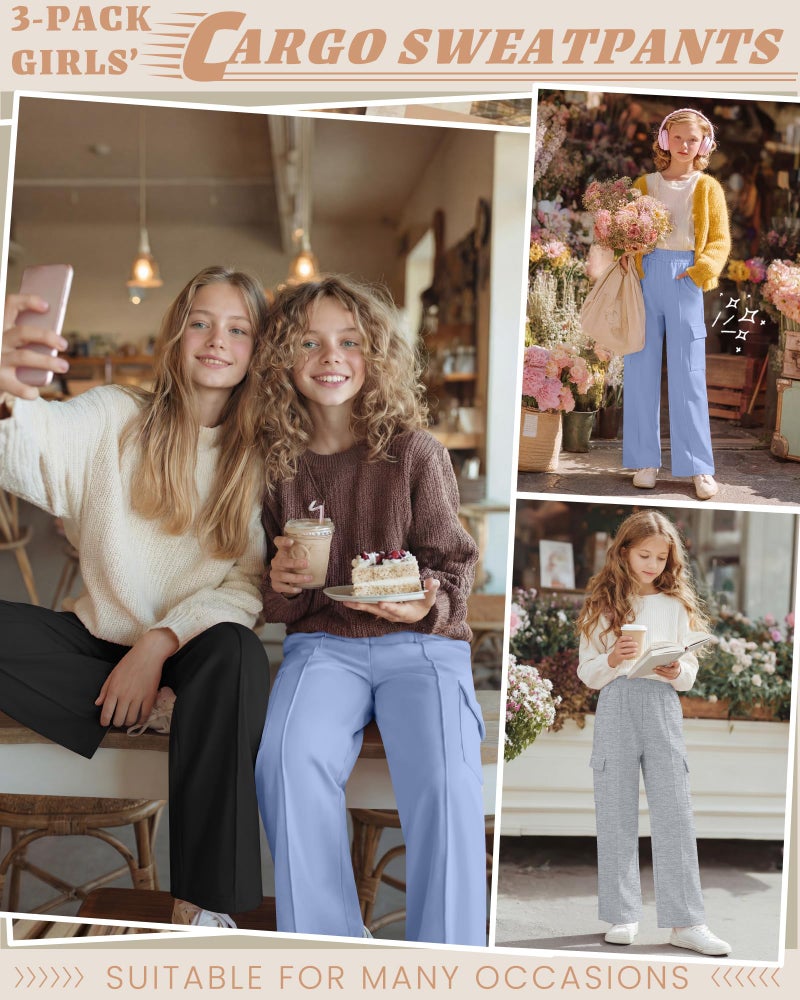 LessonZoo 3 Pack Girls Wide Leg Sweatpants Cargo Pants High Waisted Baggy Causal Loose Kids Elastic Waistband Pants Joggers(Light Blue, Light Gray, Black,5-6 Years) - Image 4