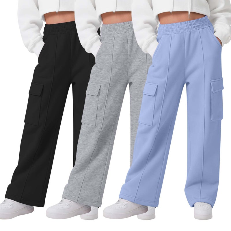 LessonZoo 3 Pack Girls Wide Leg Sweatpants Cargo Pants High Waisted Baggy Causal Loose Kids Elastic Waistband Pants Joggers(Light Blue, Light Gray, Black,5-6 Years) - Image 1