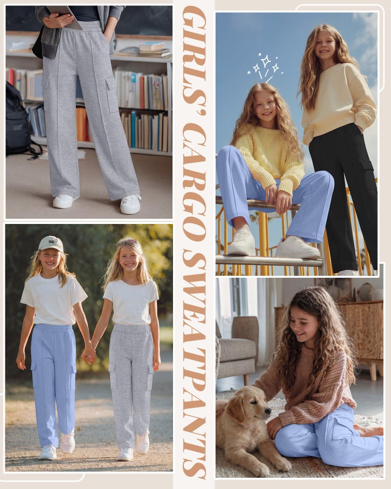 LessonZoo 3 Pack Girls Wide Leg Sweatpants Cargo Pants High Waisted Baggy Causal Loose Kids Elastic Waistband Pants Joggers(Light Blue, Light Gray, Black,5-6 Years) - Image 2