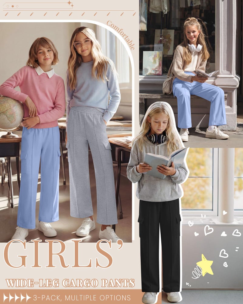 LessonZoo 3 Pack Girls Wide Leg Sweatpants Cargo Pants High Waisted Baggy Causal Loose Kids Elastic Waistband Pants Joggers(Light Blue, Light Gray, Black,5-6 Years) - Image 5