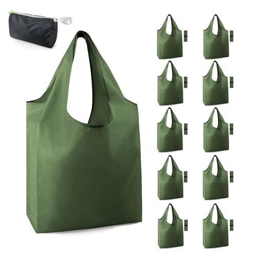 BeeGreen Dark Green Reusable Grocery Bags Bulk 10 Packs, Kitchen Reusable Shopping Bags 50LBS Large, Machine Washable Durable, Easily Foldable with a Storage Bag - Image 1