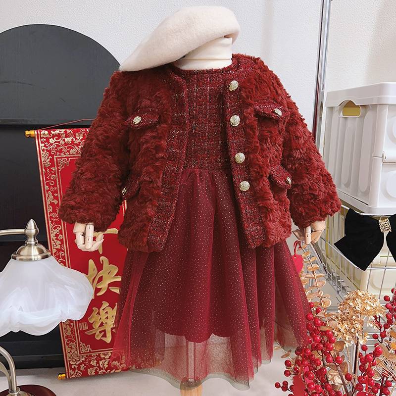 Girls' Sweet Elegant Chanel Style Suit Winter Christmas Cute Foreign Style Warm Small And Medium-Sized Children'S Coat Year Dress - Image 1