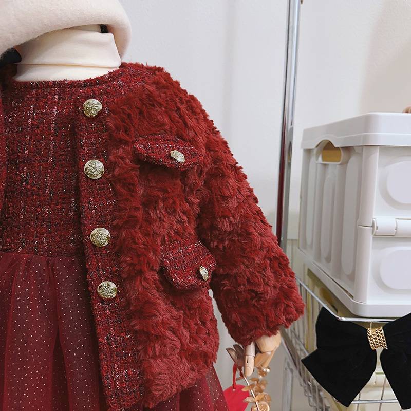 Girls' Sweet Elegant Chanel Style Suit Winter Christmas Cute Foreign Style Warm Small And Medium-Sized Children'S Coat Year Dress - Image 4
