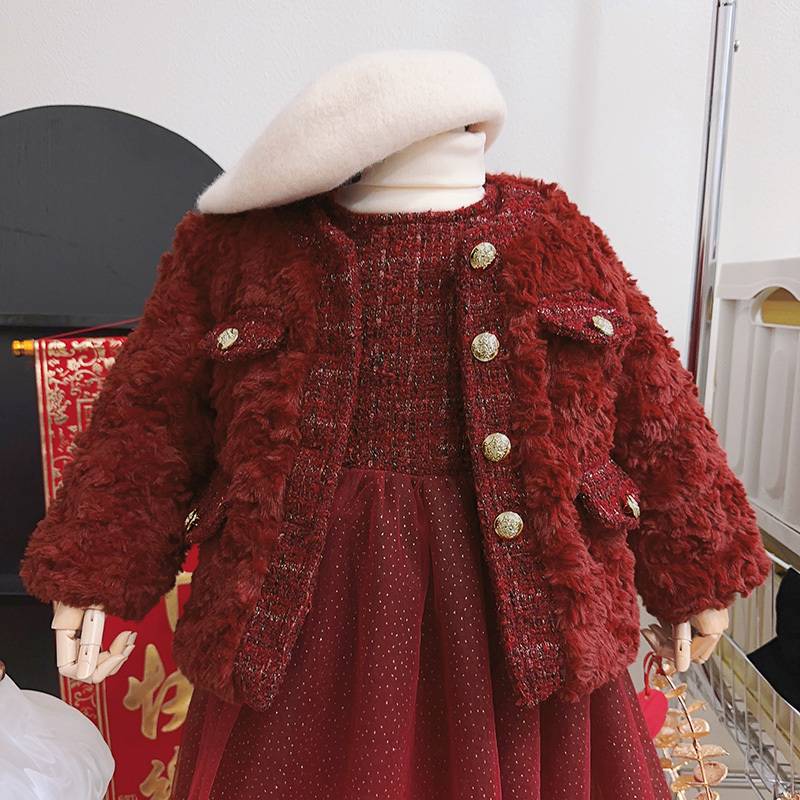 Girls' Sweet Elegant Chanel Style Suit Winter Christmas Cute Foreign Style Warm Small And Medium-Sized Children'S Coat Year Dress - Image 3