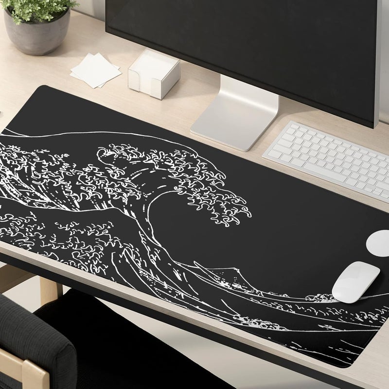 Granbey Black and White Japanese Sea Wave Mouse Pad,Extended Large Gaming Mouse Pads 31.5x11.8 in,Japanese Kanagawa Desk Mat,Laptop Mousepad Non-Slip Rubber MousePads for Office Home Travel - Image 2