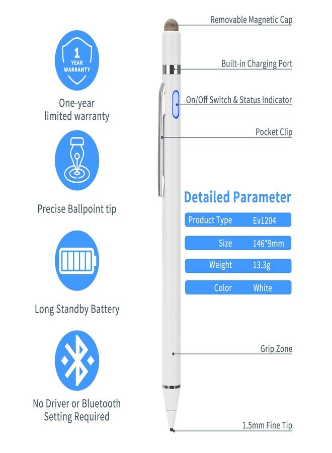 EVACH قلم إيفاش النشط الرقمي مع طرف فائق الدقة لجهاز آيباد وآيفون وأجهزة سامسونج اللوحية، متوافق مع قلم آبل، قلم ستايلس لجهاز آيباد برو، أبيض - Image 5