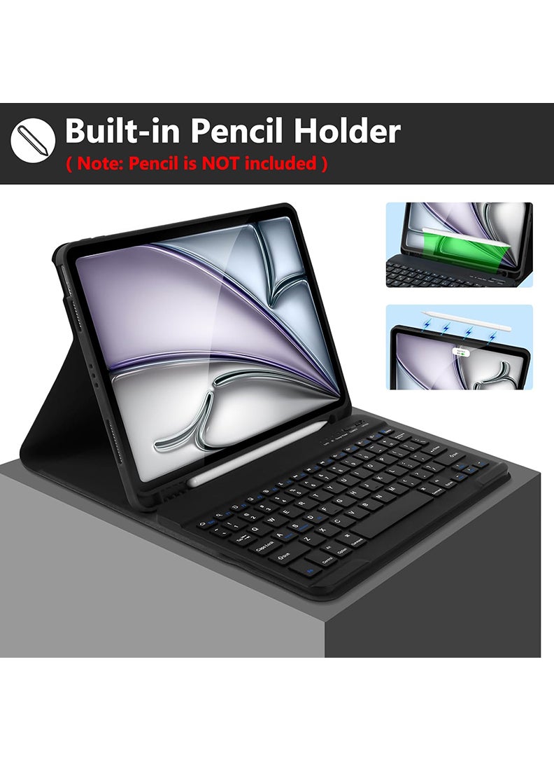 iPad Air 11-Inch M3 2025/ M2 2024 Case with Keyboard Wireless Magnetically Detachable Pencil Holder Case , Auto Sleep/Wake -Black