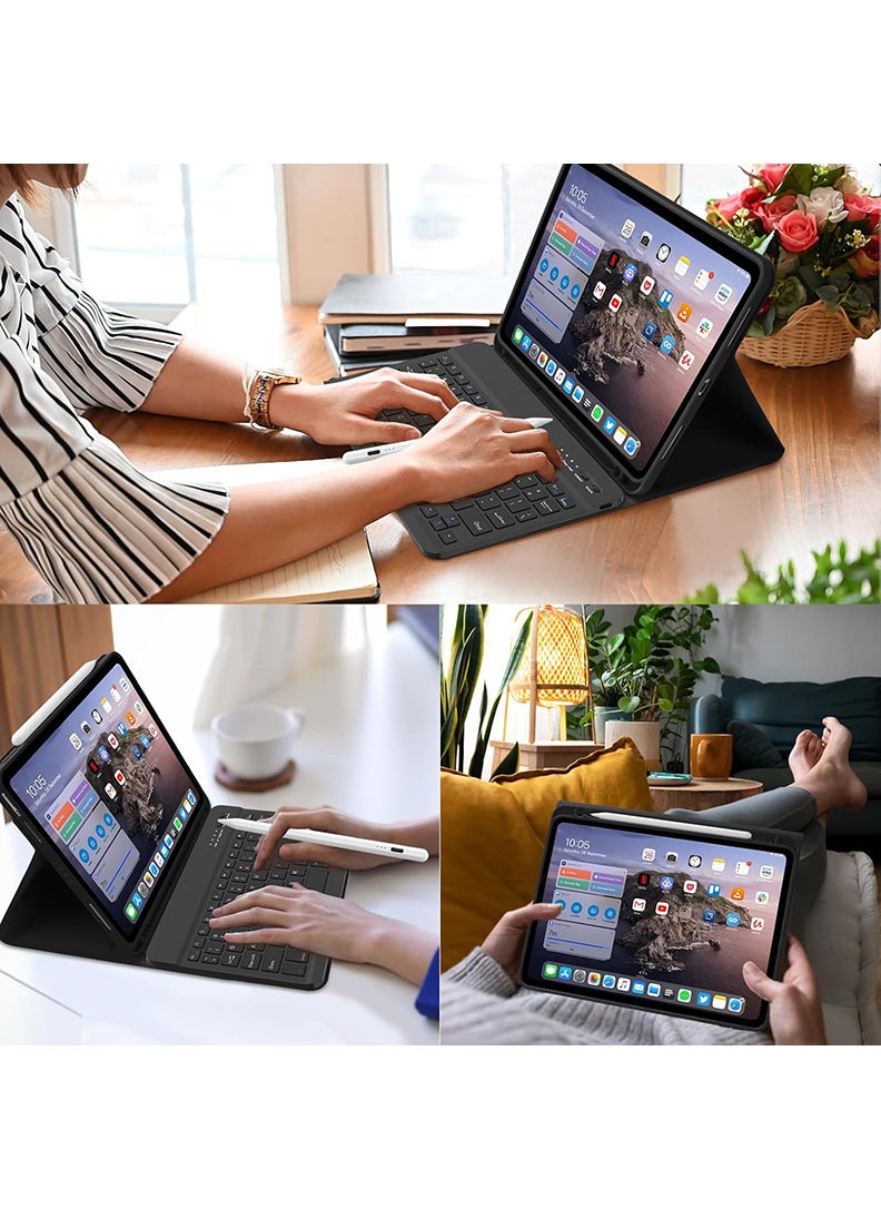 iPad Air 11-Inch M3 2025/ M2 2024 Case with Keyboard Wireless Magnetically Detachable Pencil Holder Case , Auto Sleep/Wake -Black
