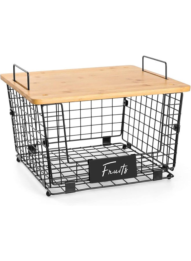 Stackable Wire Basket With Bamboo Cutting Board  Top Pantry Kitchen Counter Organization And Storage Cabinet Shelf Countertop Space Saving Organizing Produce Fruit Potato Bread Organizer - Image 1