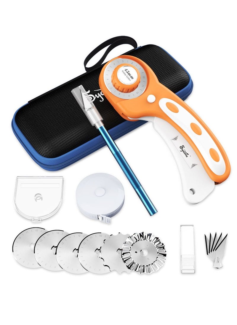 Syarme Rotary Cutter, 45mm Rotary Cutter Fabric Set with 6 Spare Rotary Blades for Precisely Cutting of Fabric, Leather, Paper, Fibers and More. Includes Storage Box, Precision Knife -  Orange  - Image 1