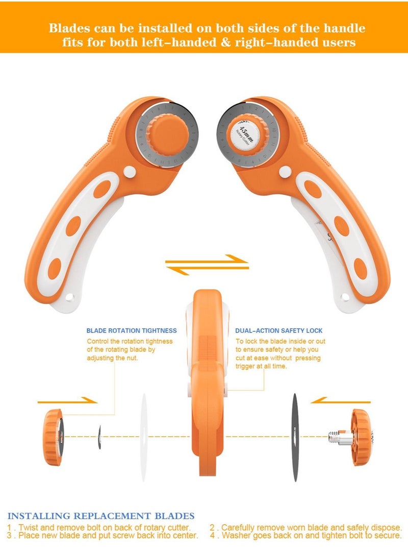 Syarme Rotary Cutter, 45mm Rotary Cutter Fabric Set with 6 Spare Rotary Blades for Precisely Cutting of Fabric, Leather, Paper, Fibers and More. Includes Storage Box, Precision Knife -  Orange  - Image 4