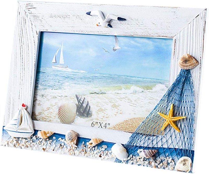 JANOU Mediterranean Photo Frame Wooden Picture Frame Wooden Photo Frame Holder for Nautical Beach Themed Home Coffee Shop Decoration, 6x4 Inch - Image 1