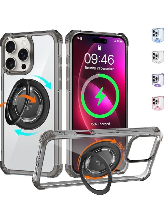 Clear Case for iPhone 16 Pro Max Case with Stand [ Compatible with MagSafe ], Military Grade Heavy Duty Cover with Magnetic 360 Rotatable Ring Kickstand for Women Men, Transparent Black - Image 1