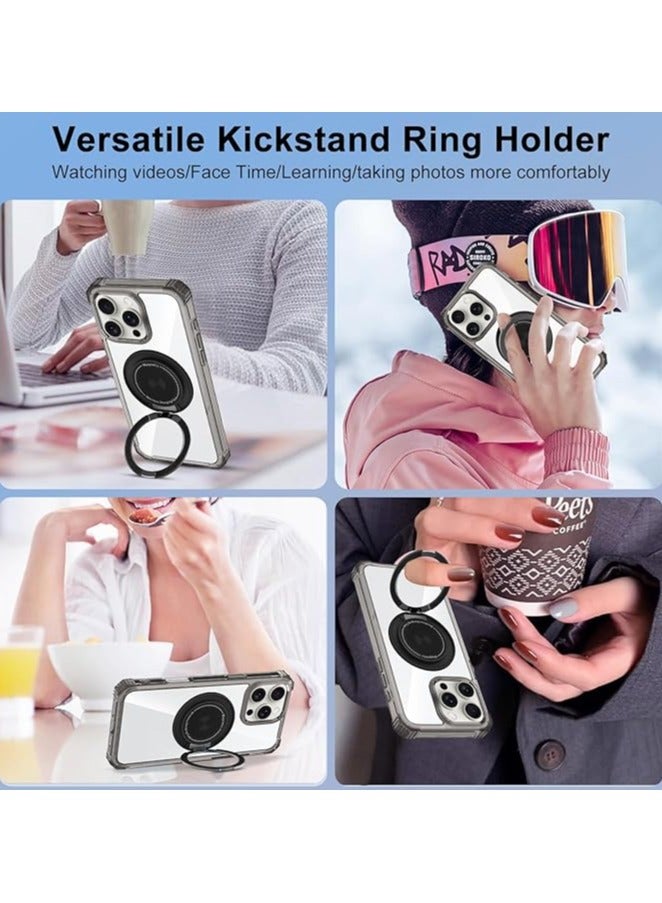 Clear Case for iPhone 16 Pro Max Case with Stand [ Compatible with MagSafe ], Military Grade Heavy Duty Cover with Magnetic 360 Rotatable Ring Kickstand for Women Men, Transparent Black - Image 2