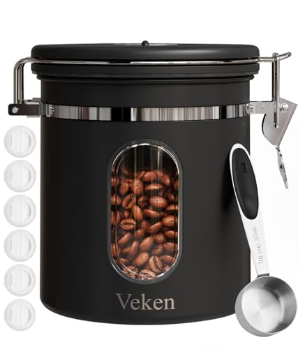 Veken Coffee Canister with Window, Airtight Stainless Steel Kitchen Food Storage Container with Lids, Date Tracker and Scoop for Grounds Coffee, Beans, Tea, Flour, Cereal, Sugar Jars, 16OZ, Black - Image 1
