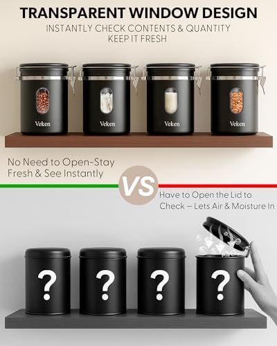 Veken Coffee Canister with Window, Airtight Stainless Steel Kitchen Food Storage Container with Lids, Date Tracker and Scoop for Grounds Coffee, Beans, Tea, Flour, Cereal, Sugar Jars, 16OZ, Black - Image 2