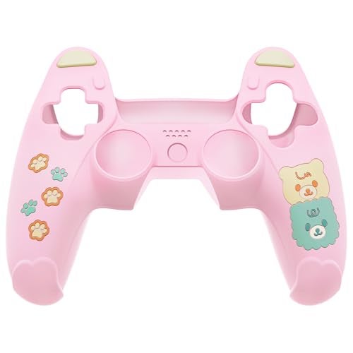 playvital غطاء سيليكون لطيف على شكل دب لجهاز التحكم ps5، غطاء كاواي متوافق مع محطة الشحن، واقي جلد لجهاز التحكم ps5 مع ملصق لوحة اللمس ومقابض الإبهام - وردي وأصفر - Image 2
