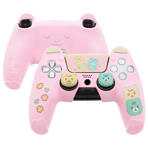 playvital غطاء سيليكون لطيف على شكل دب لجهاز التحكم ps5، غطاء كاواي متوافق مع محطة الشحن، واقي جلد لجهاز التحكم ps5 مع ملصق لوحة اللمس ومقابض الإبهام - وردي وأصفر - Image 1