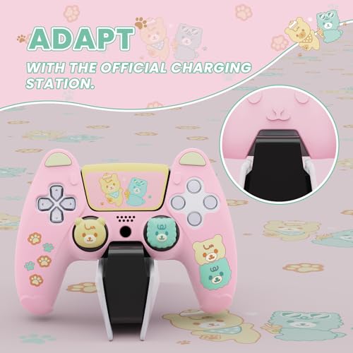 playvital غطاء سيليكون لطيف على شكل دب لجهاز التحكم ps5، غطاء كاواي متوافق مع محطة الشحن، واقي جلد لجهاز التحكم ps5 مع ملصق لوحة اللمس ومقابض الإبهام - وردي وأصفر - Image 5