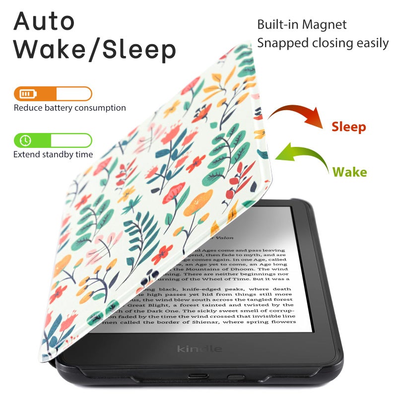 CoBak Case for All New 6 Inch Kindle 2024 and 2022 (11 Generation) - PU Leather Smart Cover, Auto Sleep and Wake, Premium Protective Case for Kindle Basicï¼ŒSpringtime Delight - Image 3