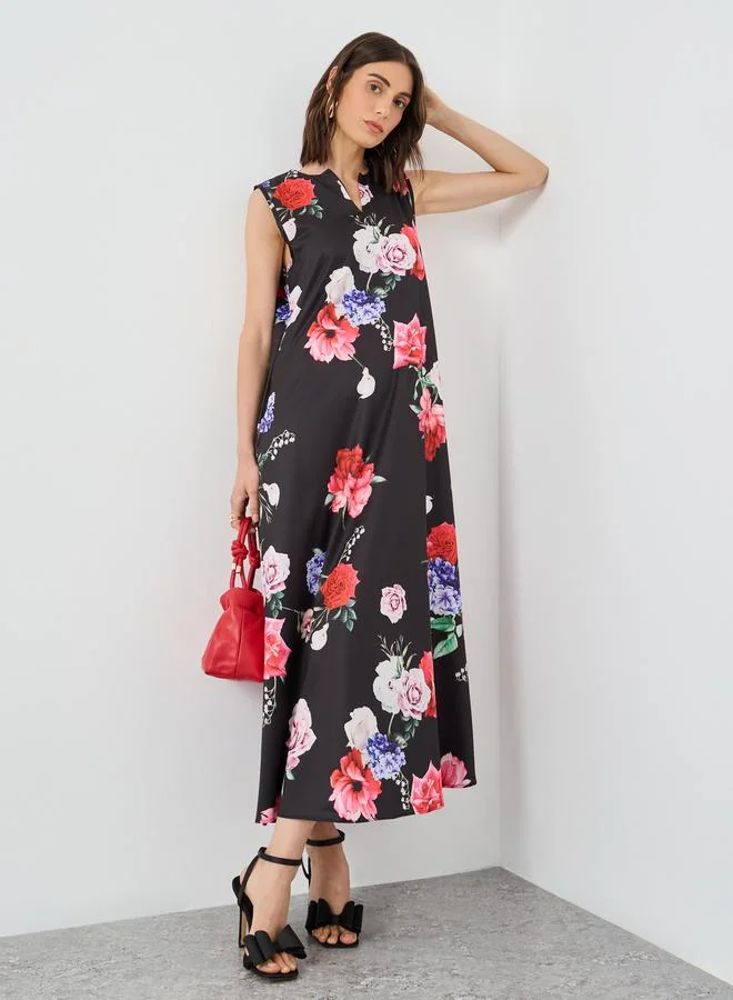 Take Two Take Two Women Black Floral Print Sleeveless A-Line Maxi Dress