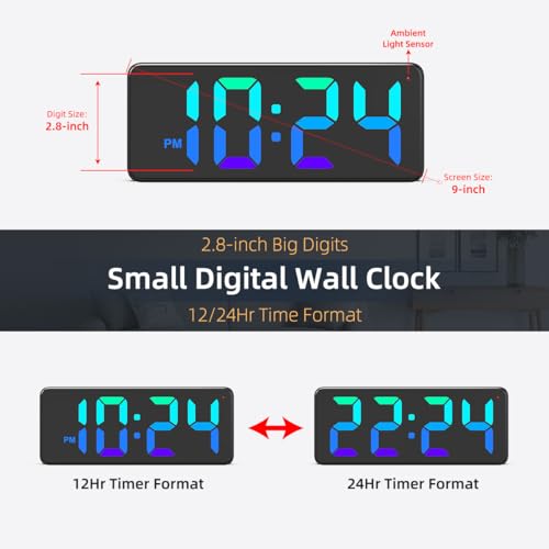 XUANZIT LED Digital Wall Clock with Dynamic RGB Display, Big Digits, Auto-Brightness, 12/24Hr Format, Modern Electric Small Silent Wall Clock for Living Room, Bedroom, Classroom, Farmhouse, Kitchen, Office - Image 3
