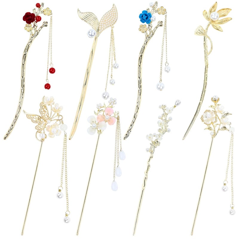 inSowni inSowni 8 Pieces Retro Vintage Asian Japanese Chinese Hanfu Gold Metal Flower Hair Sticks with Pearl Pendants Fishtail Lotus Butterfly Long Hair Pins Forks Chopsticks Bun Updo Holders for Women Girls 