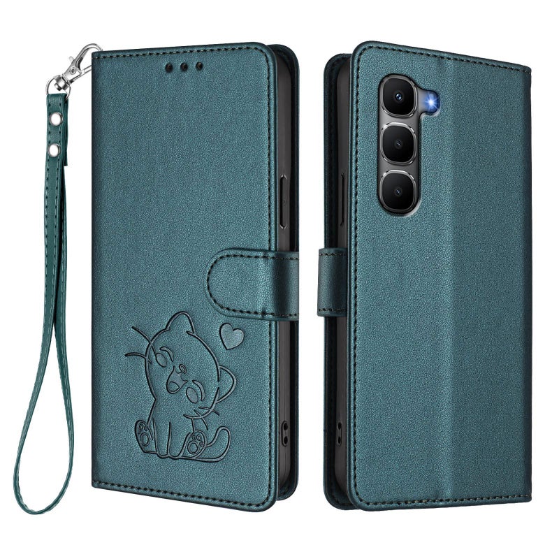 erorex For Infinix Hot 60 4G / 60i 4G Embossed  Cat Leather Phone Case with Hand Strap(Dark Green) - Image 2