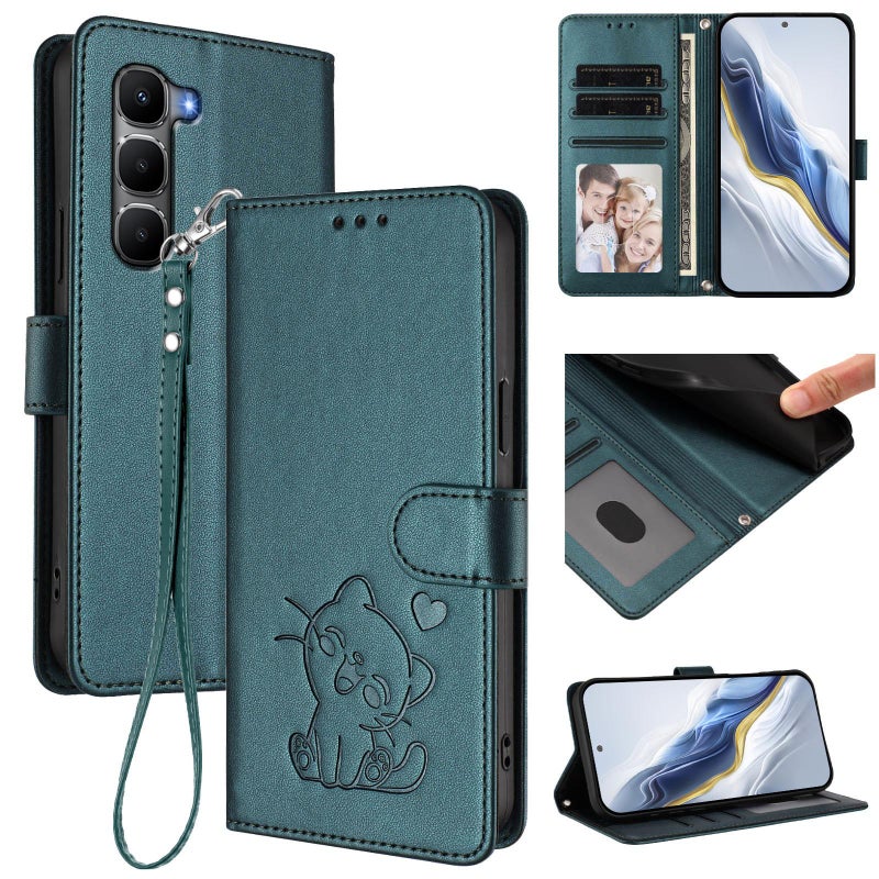 erorex For Infinix Hot 60 4G / 60i 4G Embossed  Cat Leather Phone Case with Hand Strap(Dark Green) - Image 1