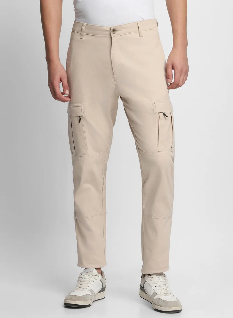 دينيس لينغو بنطلون كارغو كريمي بقصة ضيقة للرجال - قطن لايكرا، طويل، خصر متوسط، كاجوال