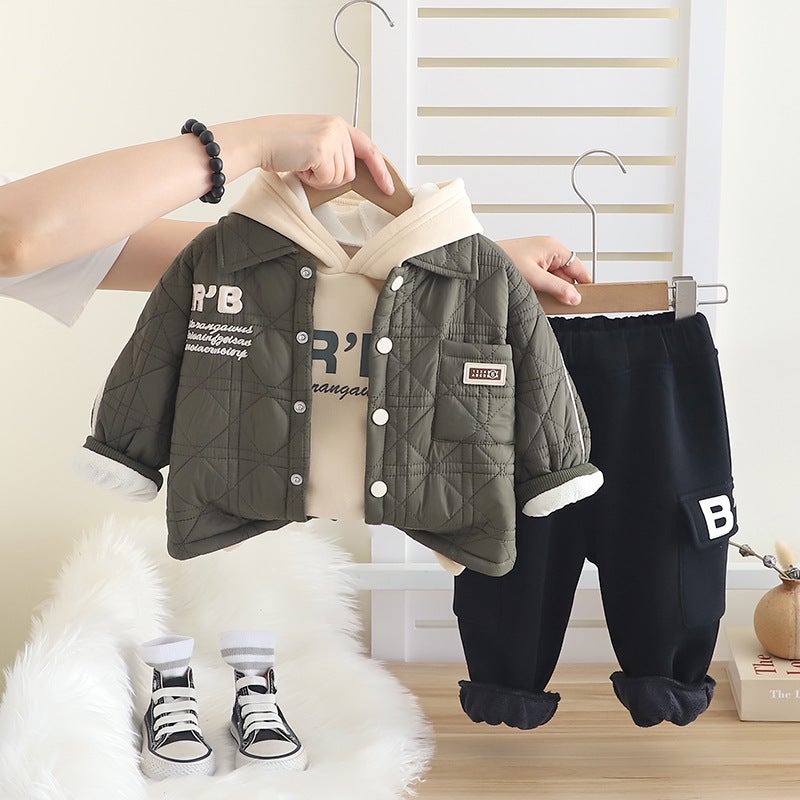 Five small seven childrens clothing 2024 autumn and winter new 0-4 years old children boys quilted cotton coat fleece-lined sweater pants 3 Green 