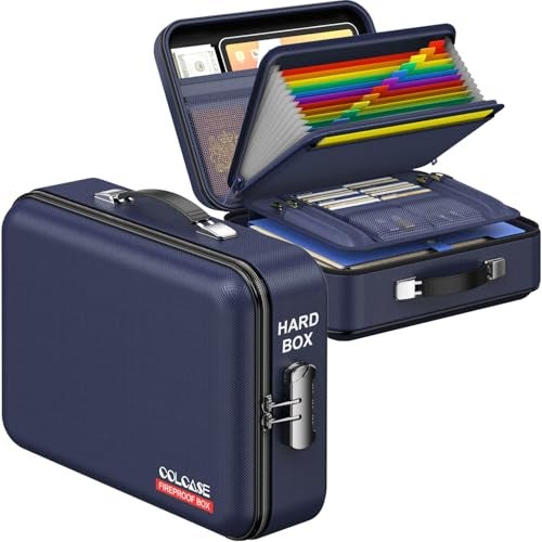 COLCASE Fireproof File Box, Hard Case Fireproof Document Organizer with Lock Hard-Shell Design Fireproof Water Resistant Safe Box for Important Documents Certificates Laptop Passports Blue - Image 1
