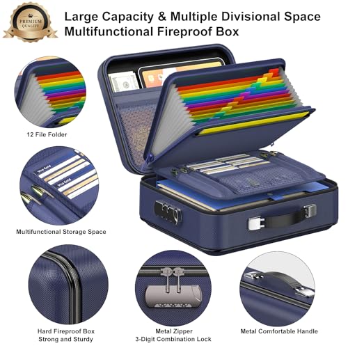 COLCASE Fireproof File Box, Hard Case Fireproof Document Organizer with Lock Hard-Shell Design Fireproof Water Resistant Safe Box for Important Documents Certificates Laptop Passports Blue - Image 4