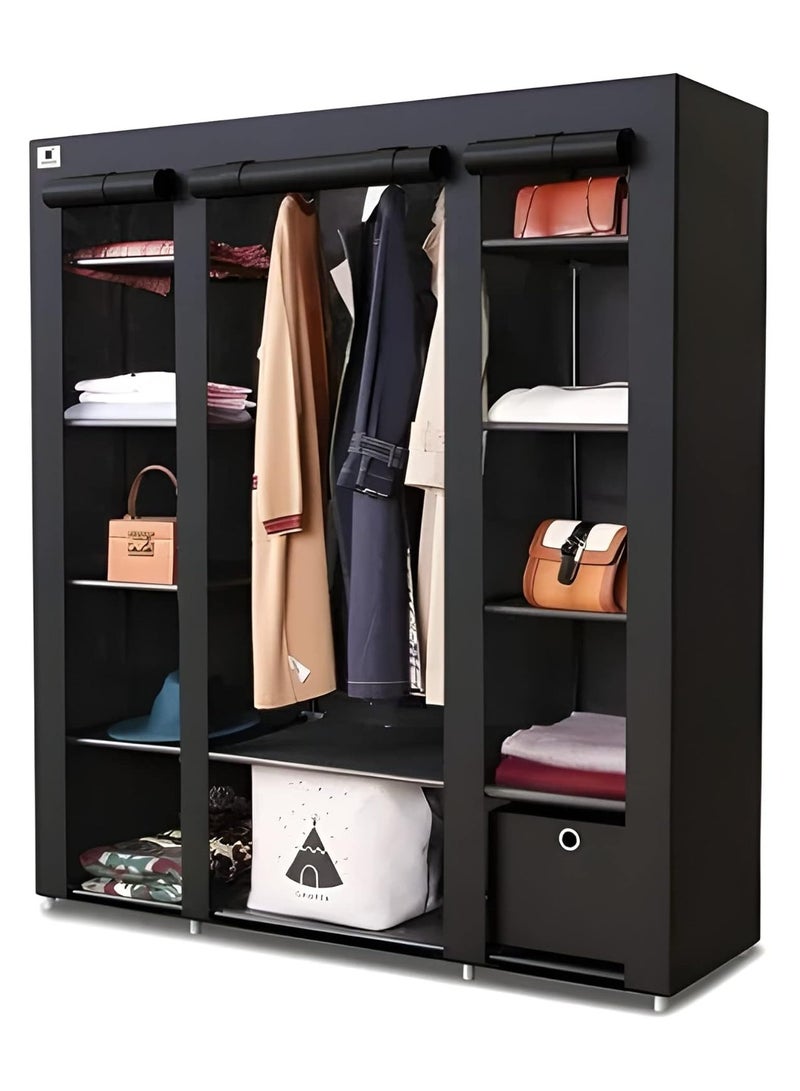 PRIMO PLUS Portable Wardrobe, Wardrobe Shelves, Clothes Storage Organiser with 4 Hanging Rails 130x45x175 cm , Black - Image 2