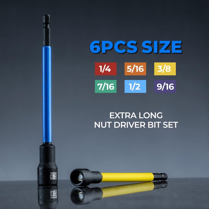 toolant Extra Long Nut Driver Bit Set, 6PCS SAE/Metric Magnetic Nut Driver Set 1/4''~9/16'' Nut Driver, 1/4'' Quick Change - Image 3