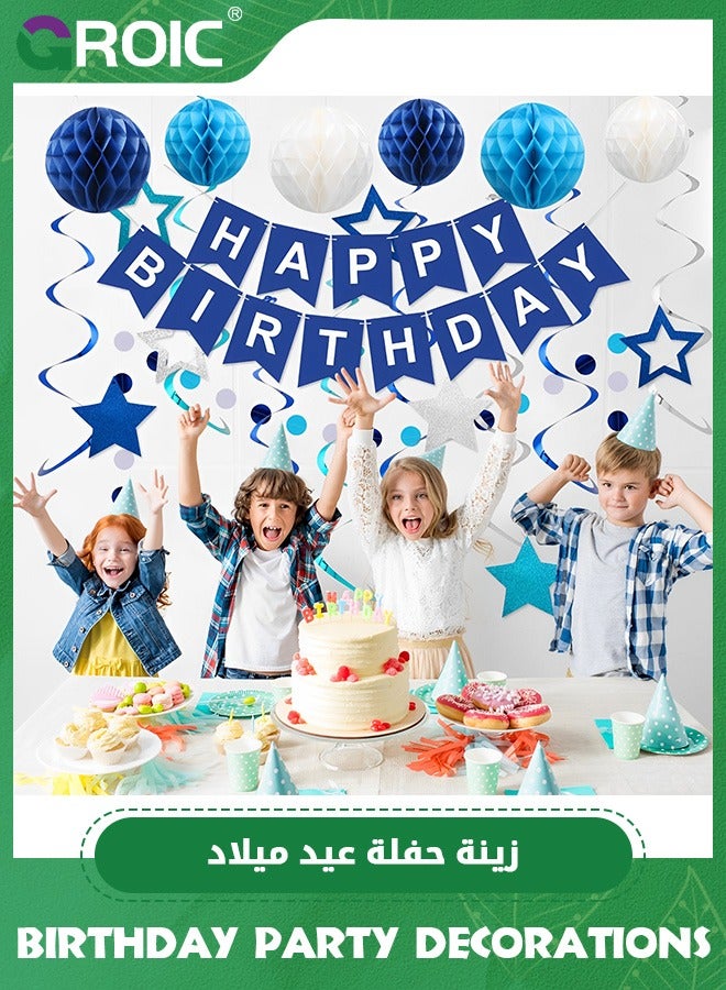 GROIC ديكورات عيد ميلاد زرقاء - لافتة عيد ميلاد سعيد باللون الأزرق الداكن مع كرة قرص العسل، وشريط زينة على شكل نجمة، وزخارف دائرية منقطة - لوازم ديكورات حفلات أعياد الميلاد للأولاد والبنات - Image 3