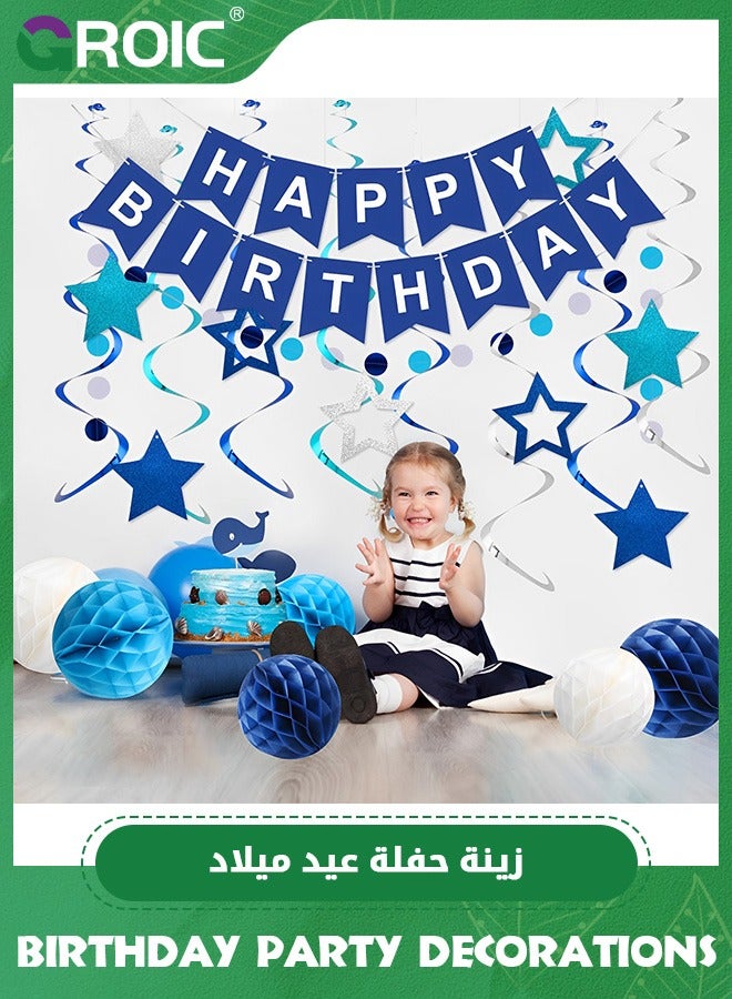 GROIC ديكورات عيد ميلاد زرقاء - لافتة عيد ميلاد سعيد باللون الأزرق الداكن مع كرة قرص العسل، وشريط زينة على شكل نجمة، وزخارف دائرية منقطة - لوازم ديكورات حفلات أعياد الميلاد للأولاد والبنات - Image 5