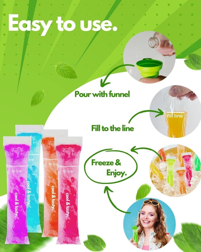 ANSMIO 150 Disposable Popsicle Mold Bags with Zip Seals, 8x2" Freezer Tubes for DIY Ice Pops, Yogurt, Juice & Fruit Smoothies - Includes Funnel, BPA-Free, Ice Pop Molds - Image 4