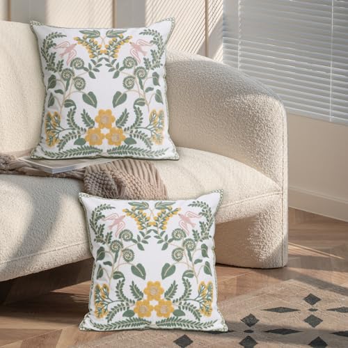 Pilmandu Set of 2 Embroidered Decorative Throw Pillow Covers Couch Square Pillowcases Cushion for Bedroom Sofa Farmhouse Decor 18x18 Inch (Flower-A) - Image 2