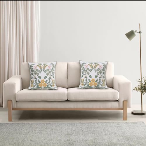 Pilmandu Set of 2 Embroidered Decorative Throw Pillow Covers Couch Square Pillowcases Cushion for Bedroom Sofa Farmhouse Decor 18x18 Inch (Flower-A) - Image 4