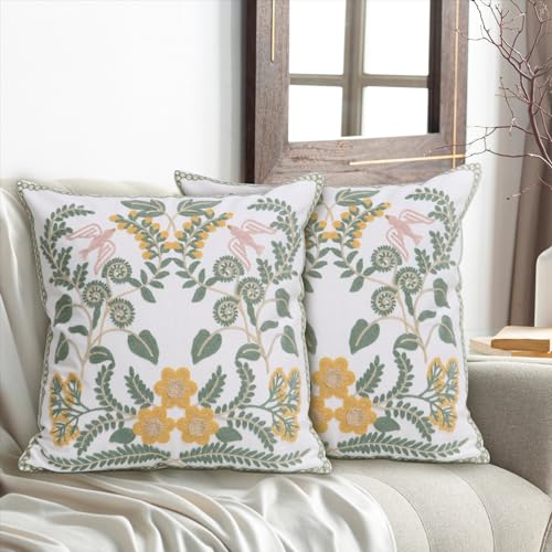 Pilmandu Set of 2 Embroidered Decorative Throw Pillow Covers Couch Square Pillowcases Cushion for Bedroom Sofa Farmhouse Decor 18x18 Inch (Flower-A) - Image 3