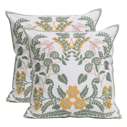 Pilmandu Set of 2 Embroidered Decorative Throw Pillow Covers Couch Square Pillowcases Cushion for Bedroom Sofa Farmhouse Decor 18x18 Inch (Flower-A) - Image 1