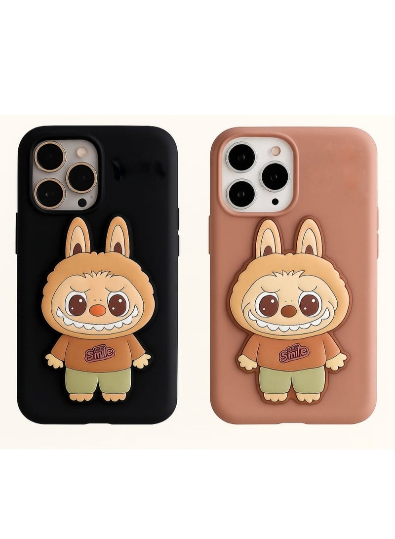 Case Club 2pcs Combo Labubu Cartoon Case Combo for iPhone 15 Pro Max - 3D Character Grip Stand, Soft Silicone Shockproof Cover - Black & Brown - Image 1